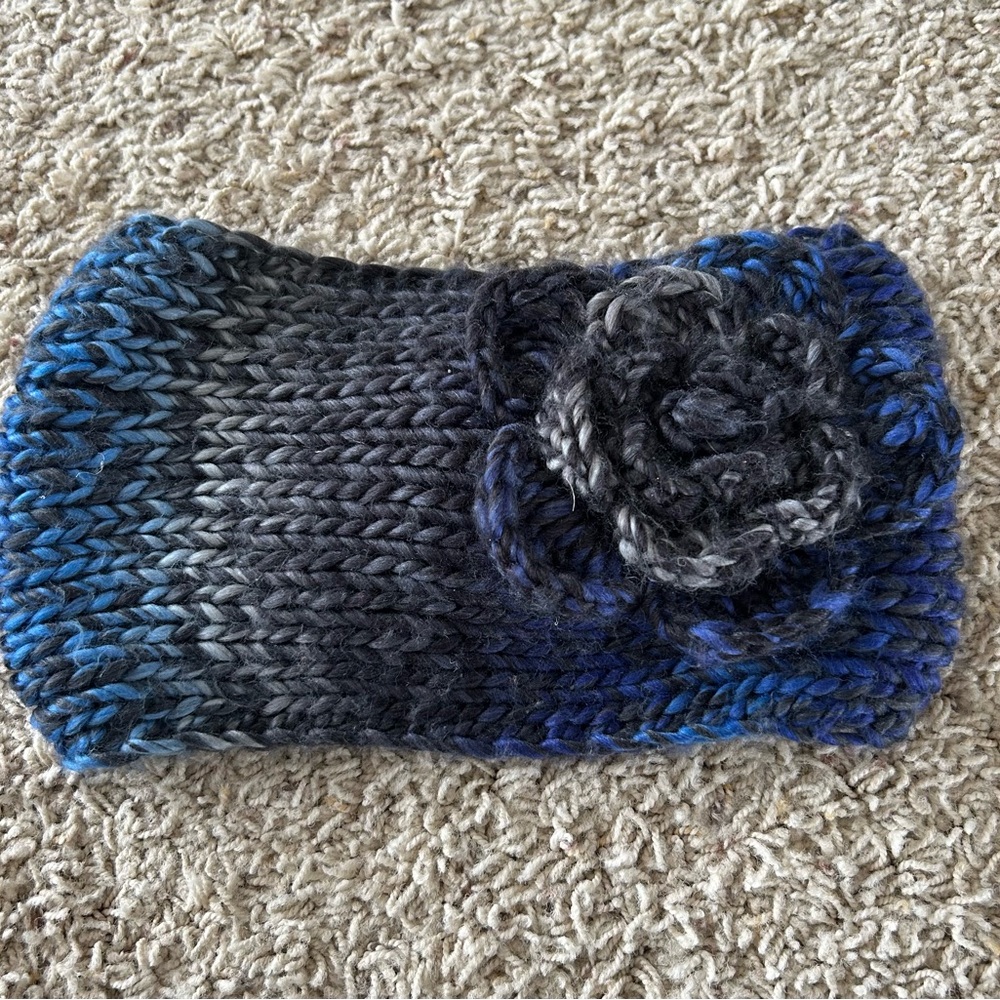 Blue and Gray Handmade Knit Headband with Flower